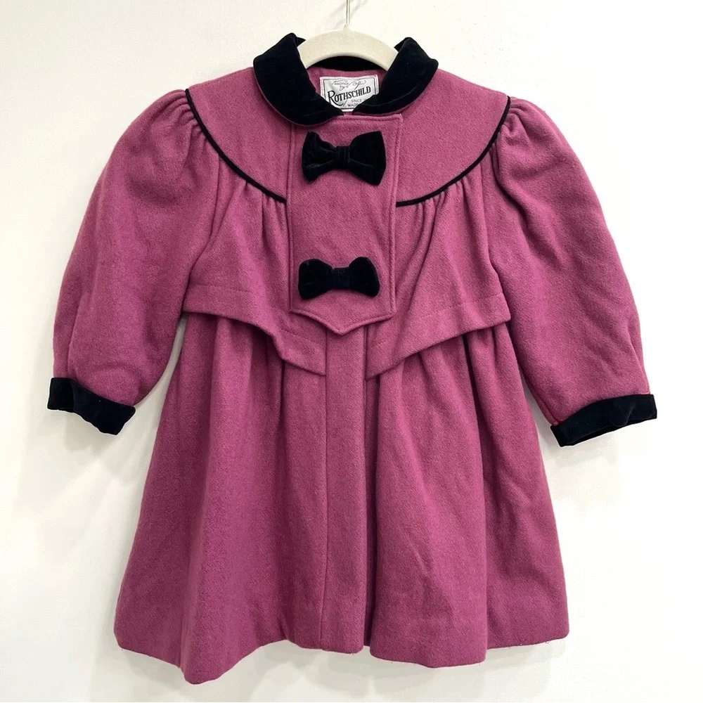 Vintage Rothschild Girls 4 Wool Coat Purple Black Velvet Bows Union Tag USA